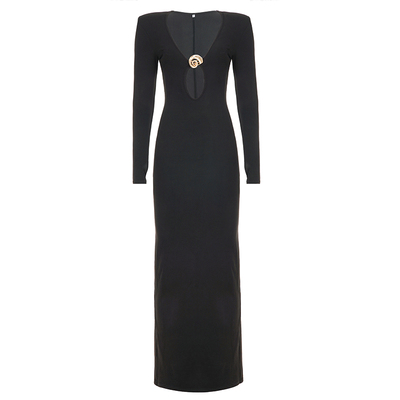 性感黑色V领镂空开叉长袖连衣裙