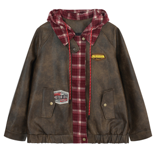 YUZI复古拼接PU皮衣外套连帽微胖美式做旧潮酷小众设计感大码女装