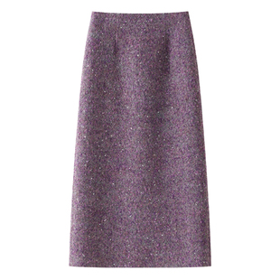 紫色亮丝气质羊毛半身裙女2025新款冬季高腰后拉链时尚优雅直筒裙