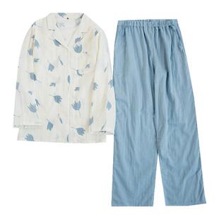 春夏薄款日系纯棉双层纱布女士睡衣长袖春秋韩版全棉麻家居服套装