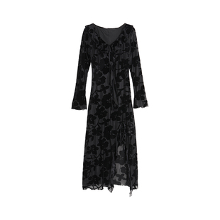 西町村屋法式连衣裙女春装新款气质植绒提花V领长袖裙子AA9502025