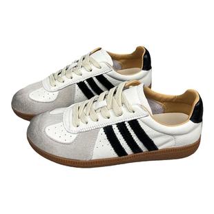 真皮三条杠德训鞋女2025秋季新款拼色阿甘华夫平底休闲牛皮板鞋