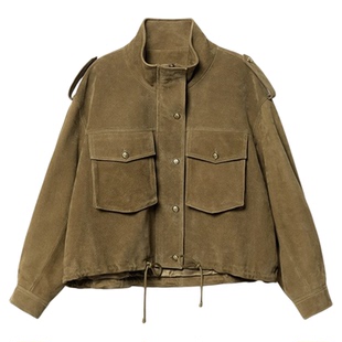 复古工装短款真皮外套女宽松大口袋立领抽绳蝙蝠袖磨砂绵羊皮皮衣