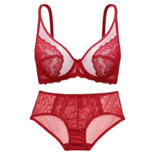 遐大胸显小文胸套装无痕新年送礼结婚新娘本命年酒红色内衣套装女