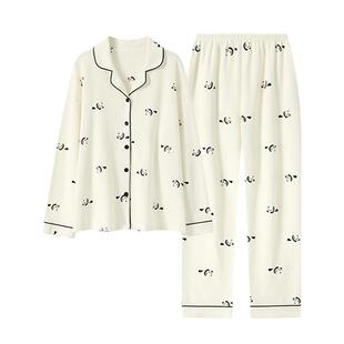 宫蝶【轻柔软】春秋情侣睡衣女长袖纯棉家居服华夫格熊猫套装男款