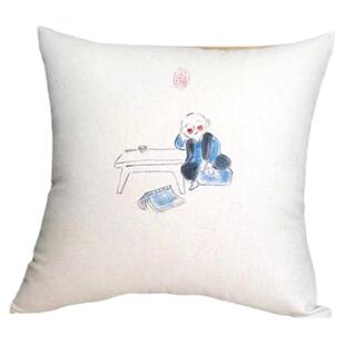 一禅小和尚棉麻手绘抱枕靠垫新中式禅意中式棉麻中国风实木沙发枕