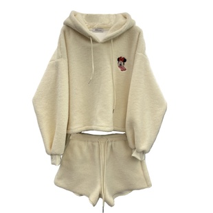 韩系新款休闲慵懒连帽刺绣羊羔毛抽绳卫衣松紧腰短裤小个子两件套