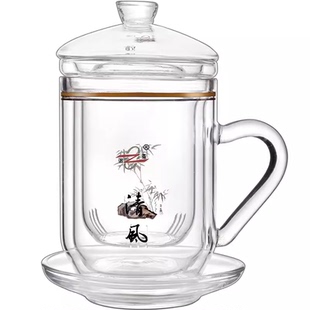 诺亚口杯防烫双层真空带把水晶透明玻璃盖杯办公室商务泡茶茶漏杯