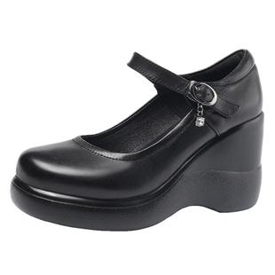 真皮圆头坡跟单鞋防水台松糕厚底浅口皮鞋妈妈鞋大码40-43码女鞋