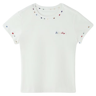 BJHG不计后果彩绣针织T恤短袖女款夏季潮牌微弹修身设计感正肩T恤