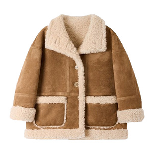 萌校长女童麂皮绒皮毛一体机车服儿童羊羔毛外套冬季新款男童皮衣