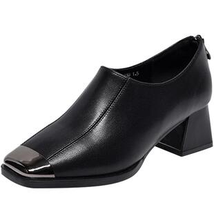 2026新款春款女鞋法式方头粗跟深口单鞋女时尚软皮中跟真皮鞋春秋