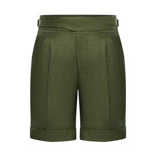 本派裤子夏季男款廓尔喀裤男士短裤绿色亚麻手工西裤高务休闲裤潮