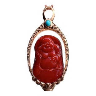 ENIMOL日本aka阿卡牛血红珊瑚弥勒佛吊坠搭配原矿绿松石18k金镶嵌