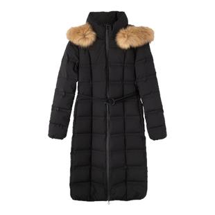 布景羽绒服女中长款冬季简约格纹系带连帽毛领白鹅绒外套厚1836