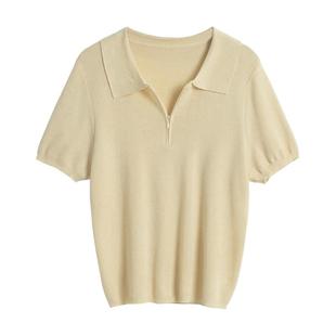 浅黄色polo领短袖针织衫T恤女夏季薄款韩系正肩小翻领半拉链上衣