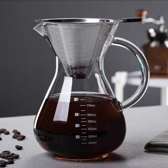 新品 厂家高硼硅玻璃手冲壶咖啡分享壶滴漏壶咖啡过滤杯带把刻度