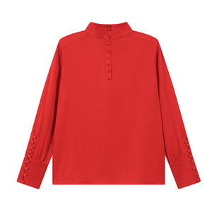 PaleBlueDot蓝点2025春季红色新中式宽松衬衫女抽皱前后两穿上衣