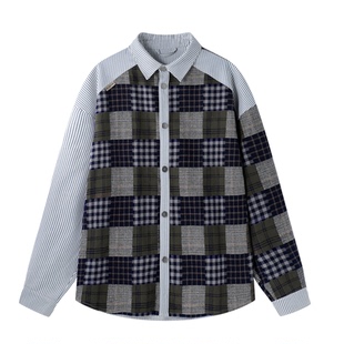 BJHG不计后果复古格子衬衫外套男款春季叠穿内搭拼接条纹翻领衬衣