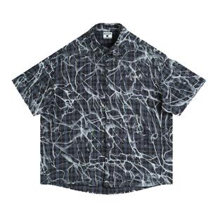 【INSKR】国潮牌情侣美式不规则印花格子短袖衬衫宽松格纹衬衣男