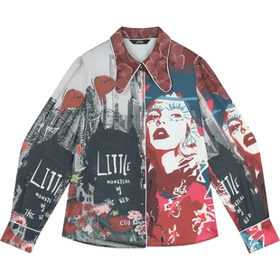 妖精的口袋美式街头满印衬衫女2026年早春新款蝴蝶领甜酷宽松上衣