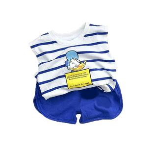 儿童纯棉背心套装夏季薄款男童洋气条纹无袖上衣中小童宝宝两件套