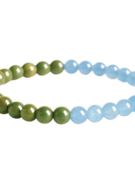 普陀山情绪稳定绿檀木质沉香佛珠文玩手链天然海蓝宝转运珠手串女