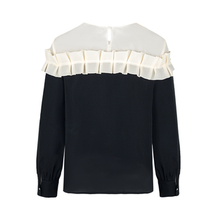 郁香菲撞色衬衫女优雅通勤秋季时尚桑蚕丝网纱圆领拼接套头上衣