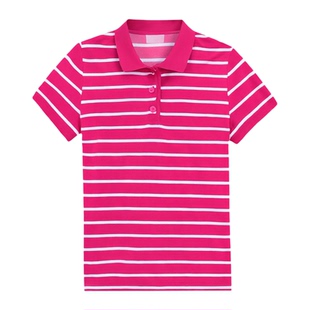 带领子的t恤女上衣夏季 条纹体恤女短袖宽松纯棉翻领polo衫女运动