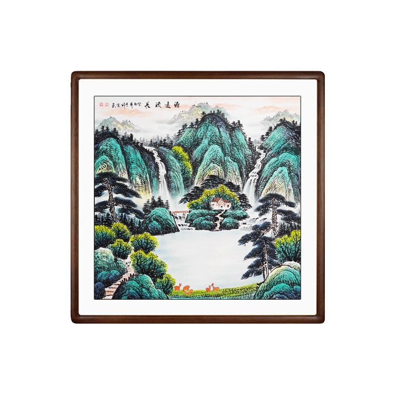 手绘国画山水画斗方聚宝盆靠山