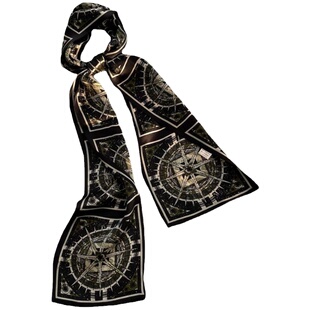 指南针黑色小长条丝巾窄100%桑蚕丝复古法式罗盘真丝领巾绑包丝带
