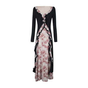 颂宋 春夏设计感不规则荷叶边拼色开叉长裙假两件连衣裙DT1953