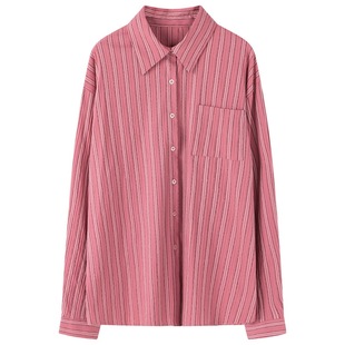 十一石 复活款!显白玫粉色条纹长袖衬衫外套女小个子宽松上衣ll