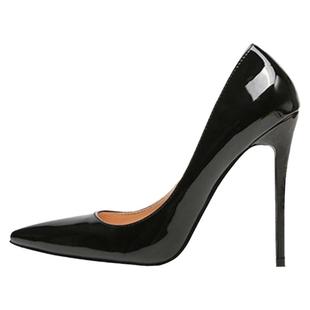 2025欧美红底特细高跟12CM高跟鞋尖头浅口黑色漆皮气质工作单鞋女