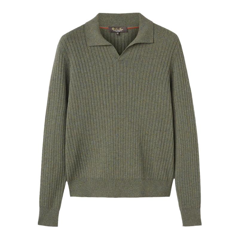 LoroPiana/诺悠翩雅男士T恤罗纹羊绒平领口合身剪裁西装内搭新款