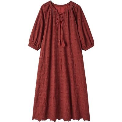 德玛纳法式文艺风纯棉连衣裙女春秋新款蕾丝刺绣系绳荷叶边长裙