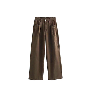 深咖色牛仔裤女秋冬加绒胖妹妹mm高腰宽松显瘦阔腿裤梨型身材裤子