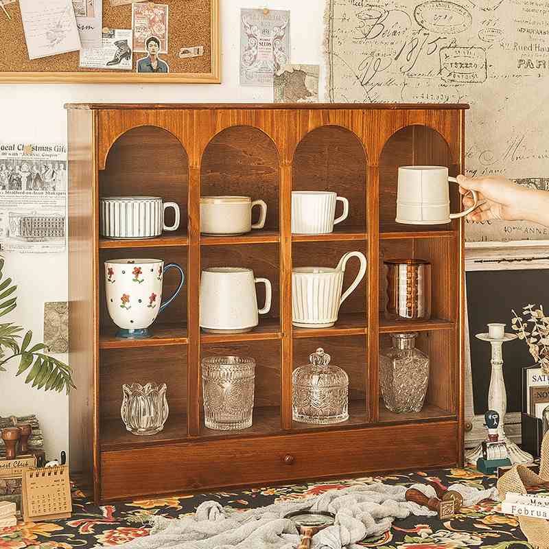 分格化妆品整理梳妆台木质复古杯子面收纳盒茶杯置物架办公桌抽屉