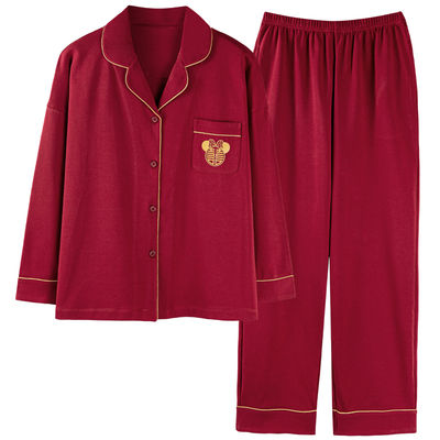 本命年红色纯棉睡衣女款春秋季长袖长裤国风开衫家居服套装新婚喜