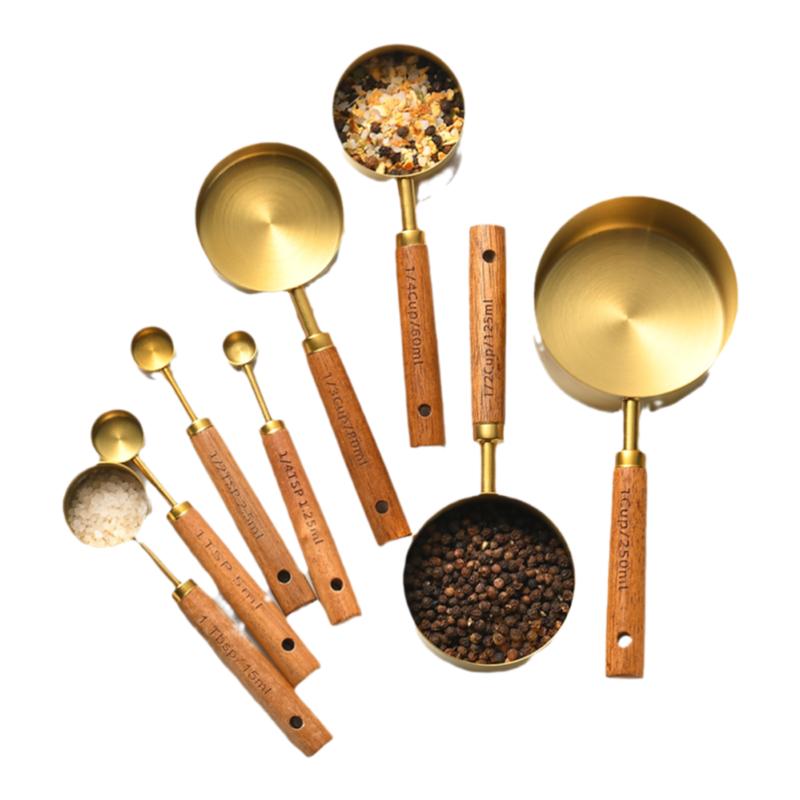 不锈钢量杯量勺四件套家用木柄量