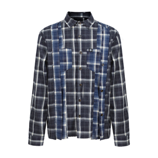 Remedy 春季新款拼接长袖格子衬衫男女美式街头潮牌宽松衬衣外套