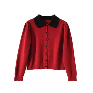 娃娃领撞色洋气小香风气质泡泡袖纯羊毛开衫女高级感打底毛衣上衣