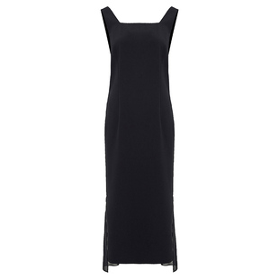 允硕秋夏新品时尚百搭修身背心方领拼接长款黑色气质连衣裙569412