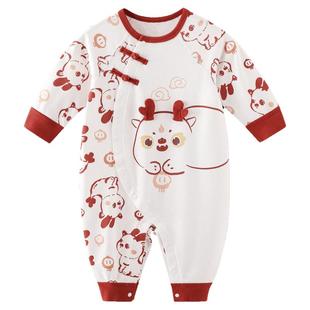 女宝周岁礼服抓周百天宝宝衣服国风红色春秋季卫衣哈衣婴儿连体衣