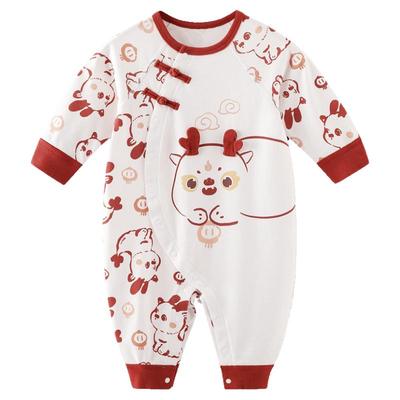 女宝周岁礼服抓周百天宝宝衣服国风红色春秋季卫衣哈衣婴儿连体衣