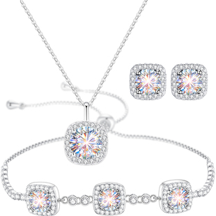 莫桑钻方糖小银项链女款女纯银首饰套装礼盒三件套生日礼物送女友