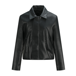 OaOO弧形结构皮衣夹克短款拉链机车服翻领工装外套