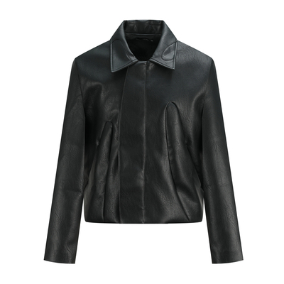 OaOO弧形结构皮衣夹克短款拉链机车服翻领工装外套