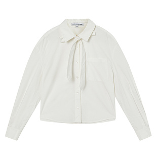 美特斯邦威飘带衬衫女秋季新款白色短款百搭长袖宽松学院上衣女