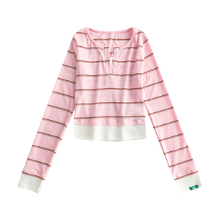 riverstone plus 假两件条纹百搭长袖T恤春季修身正肩V显瘦上衣女